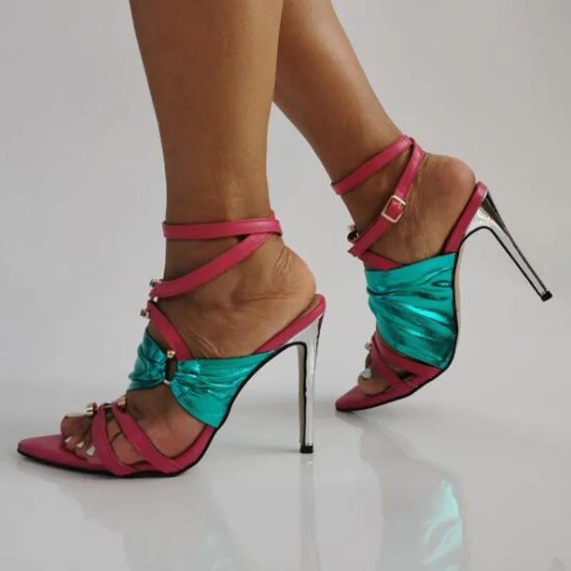 

Сине-розовые разноцветные кожаные летние сандалии с металлическим кольцом и пряжкой с острым открытым носком на тонком каблуке, женские модные туфли-лодочки с открытой пяткой