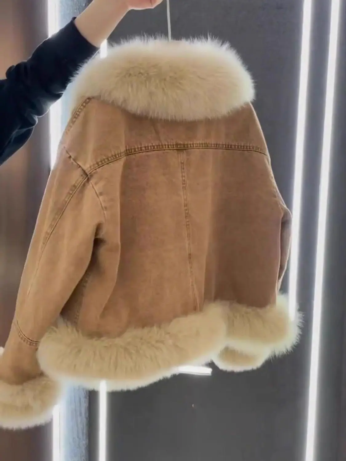 데님 코트 여성 오버사이즈 퍼 플러시 여성 가을 박시 컷 미니멀리스트 스트리트 트렌드 어반 오피스 패치워크 코듀로이 스탠드넥 OL