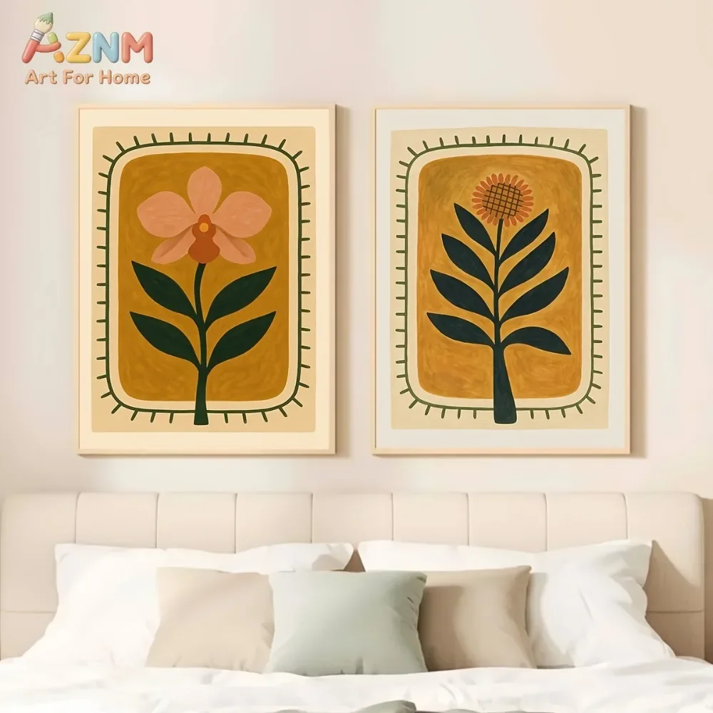 AZNM Frameless Canvas Poster Retro Folk Floral Print, Mustard Yellow Background Abstract Orchid Sunflower Plant Illustration Wal