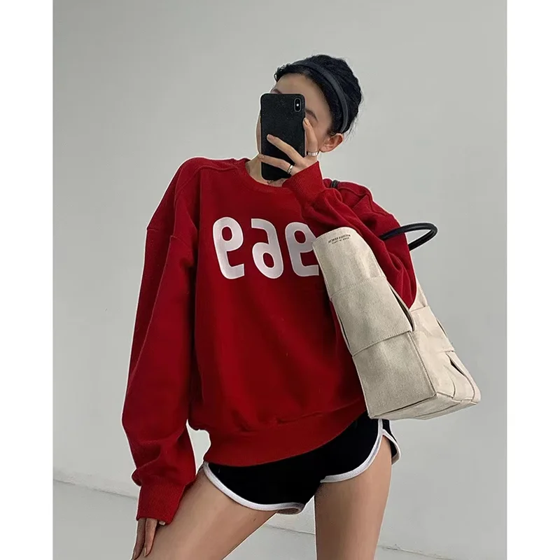 Women Red Sweatshirt Letter Printing Crew Neck Korean Fashion Lazy Wind Baggy Vintage Thicken Long Sleeves Pullover Tops Winter