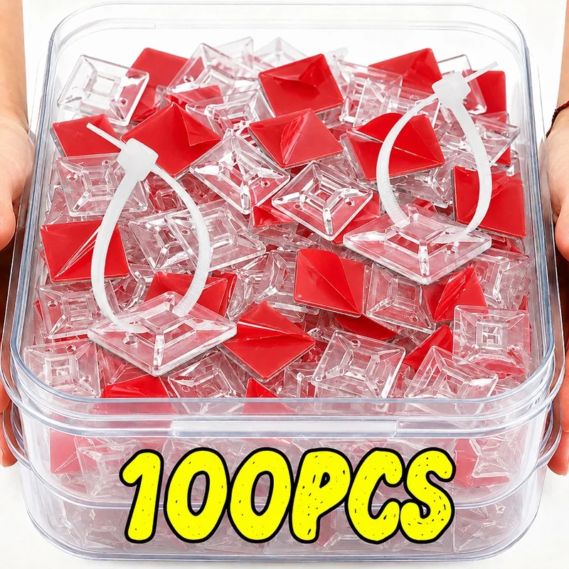 100pcs Self Adhesive Nylon Cable Tie Holder Zip Tie Fixed Seat Plastic USB Cable Clips Strong Adhesive Tie Mount Cable Organizer