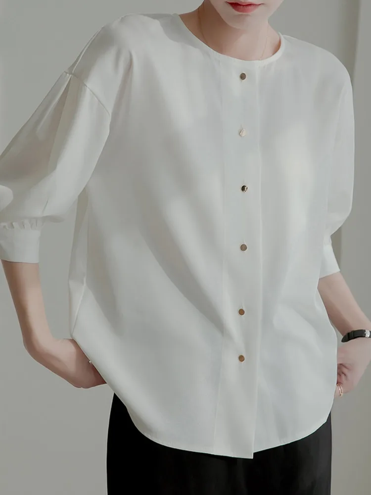 

Women Solid Elegant Blouses 2024 Summer O Neck Half Sleeve White Blouse Office Ladies Fashion Business Tops Koean Casual Tops