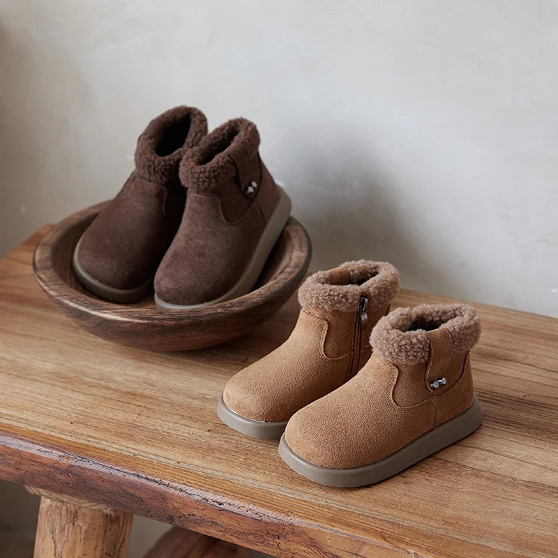 

Kids Winter New Fashion Cute Plus Velvet Warm Retro Short Boots Baby Casual Soft Lightweight Zipper Thick Bottom Snow Boots