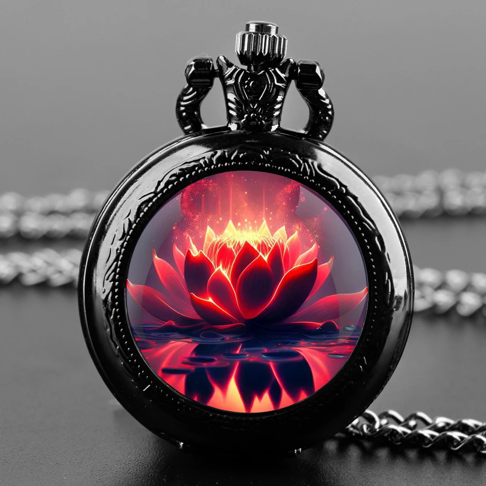 

Red Lotus Inspired Design Black Quartz Pocket Watch with Durable Chain and Arabic Numeral Time Display for Men and Women Gifts