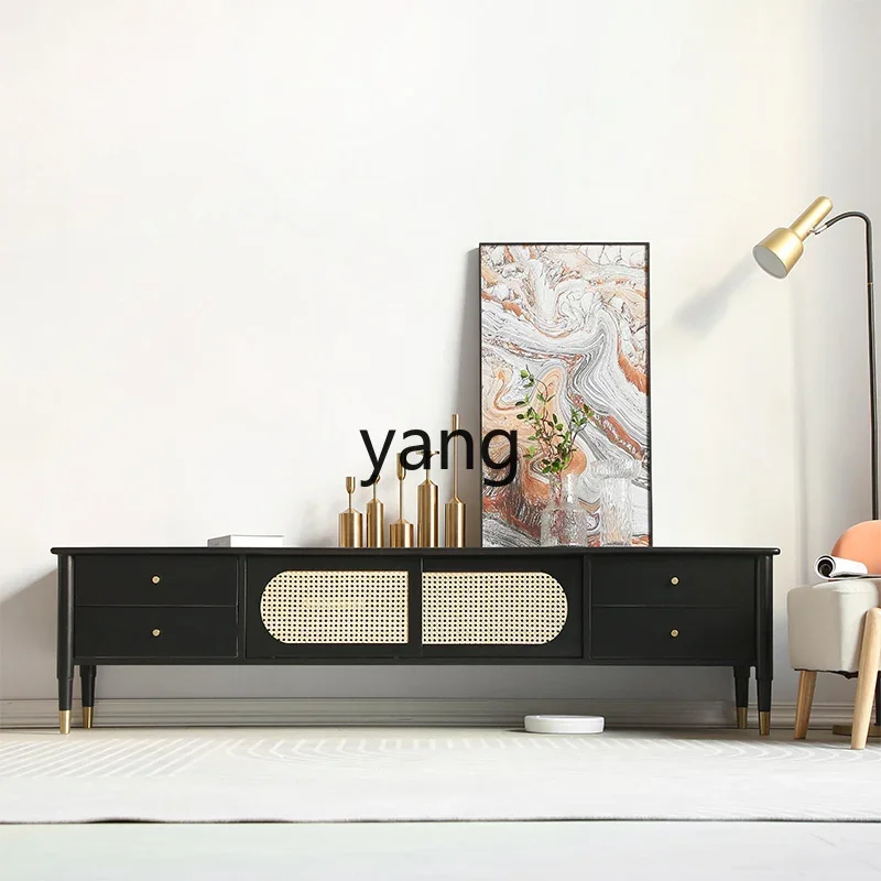 

LMM simple solid wood TV cabinet log floor storage living room locker rattan