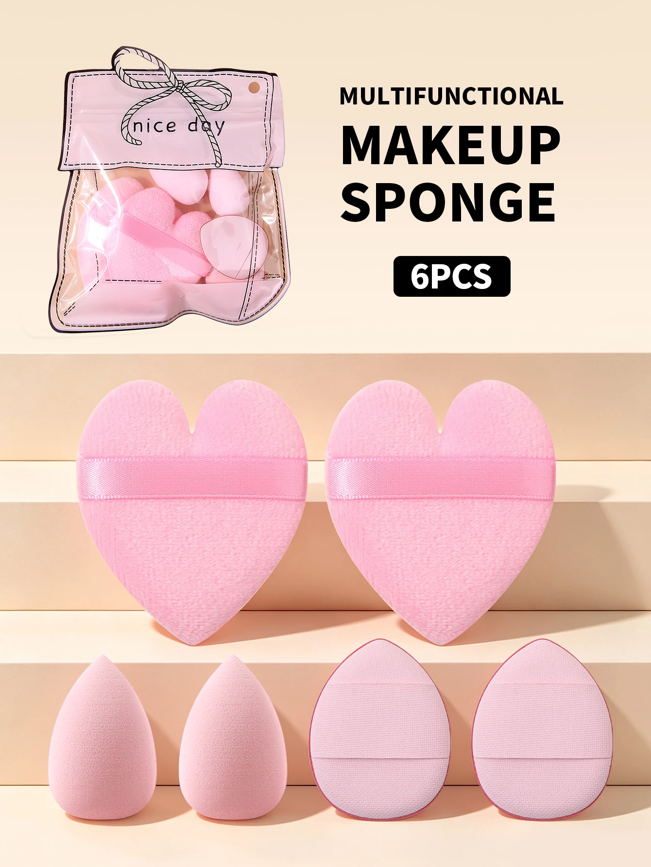 6Pcs Heart Shape Makeup Puff Set Dry Wet Dual Use Makeup Sponge Foundation Powder Puff With Storage Bag Cosmetic Makeup Tools