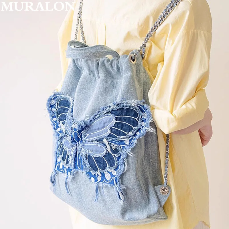 Summer New Shoulder Bag Denim Chain Bow Design Backpack Fashion Leisure Large-capacity Student Backpacks