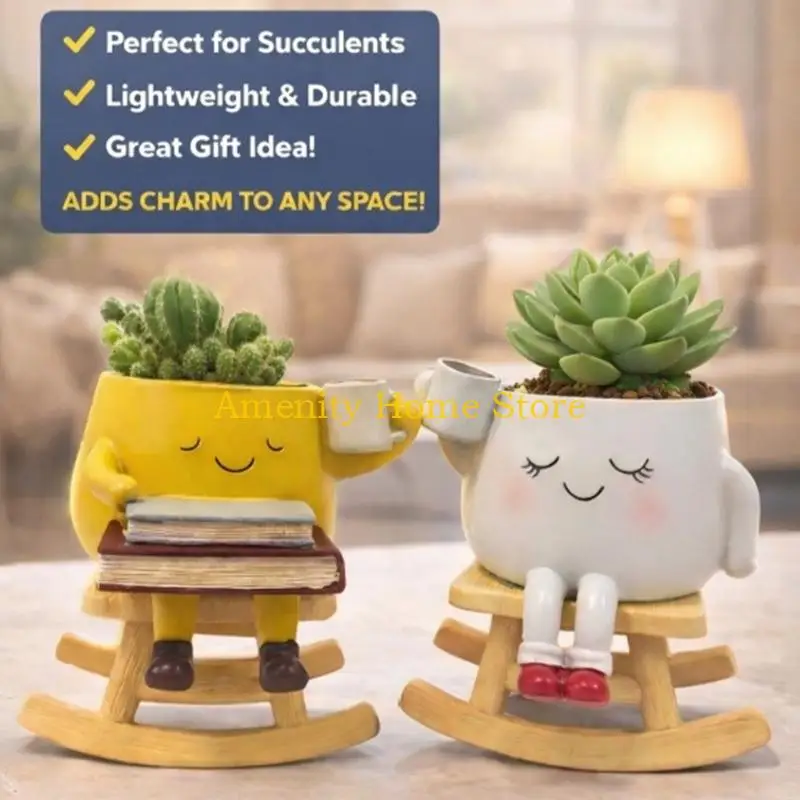 F26C Set of 2 Decorative Flower Pots with Rocking Chair Bases, Coordinated Character and Drainage Holes for Herbs and Small