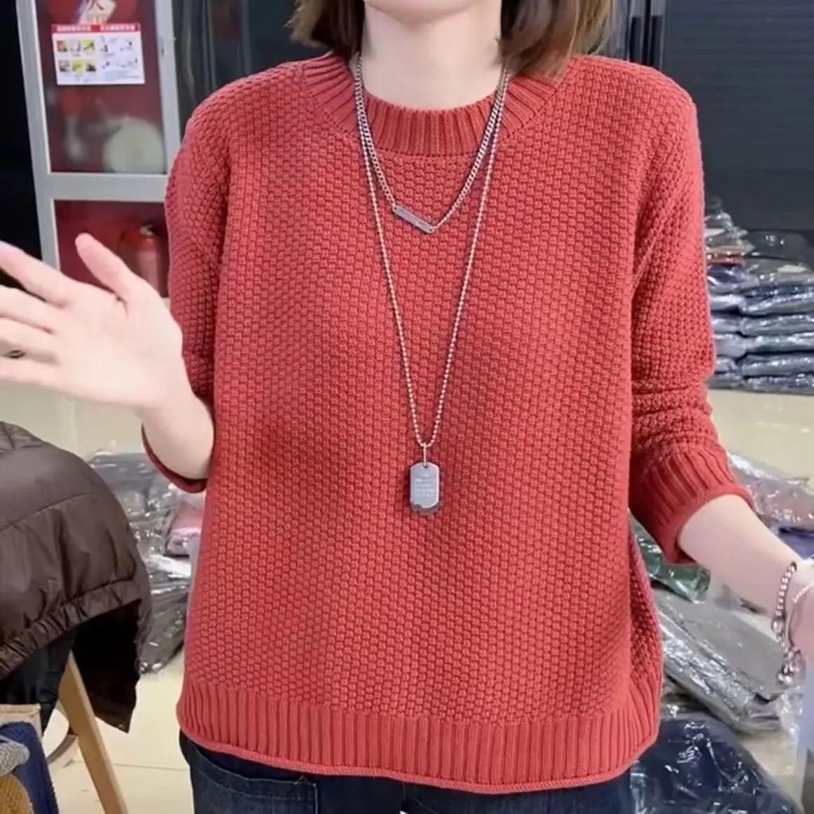 

Women's round Neck Loose Slimming Top Comfortable Casual Style Early Autumn New Fashionable Solid Color Knitted Sweater