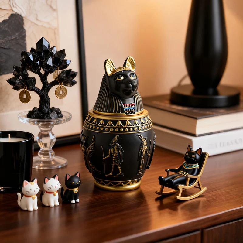 2026 New Ancient Egyptian Bastet Resin Storage Jar Cat God Desktop Ornament Small Trinket Organizer for Home Table Decor Gift