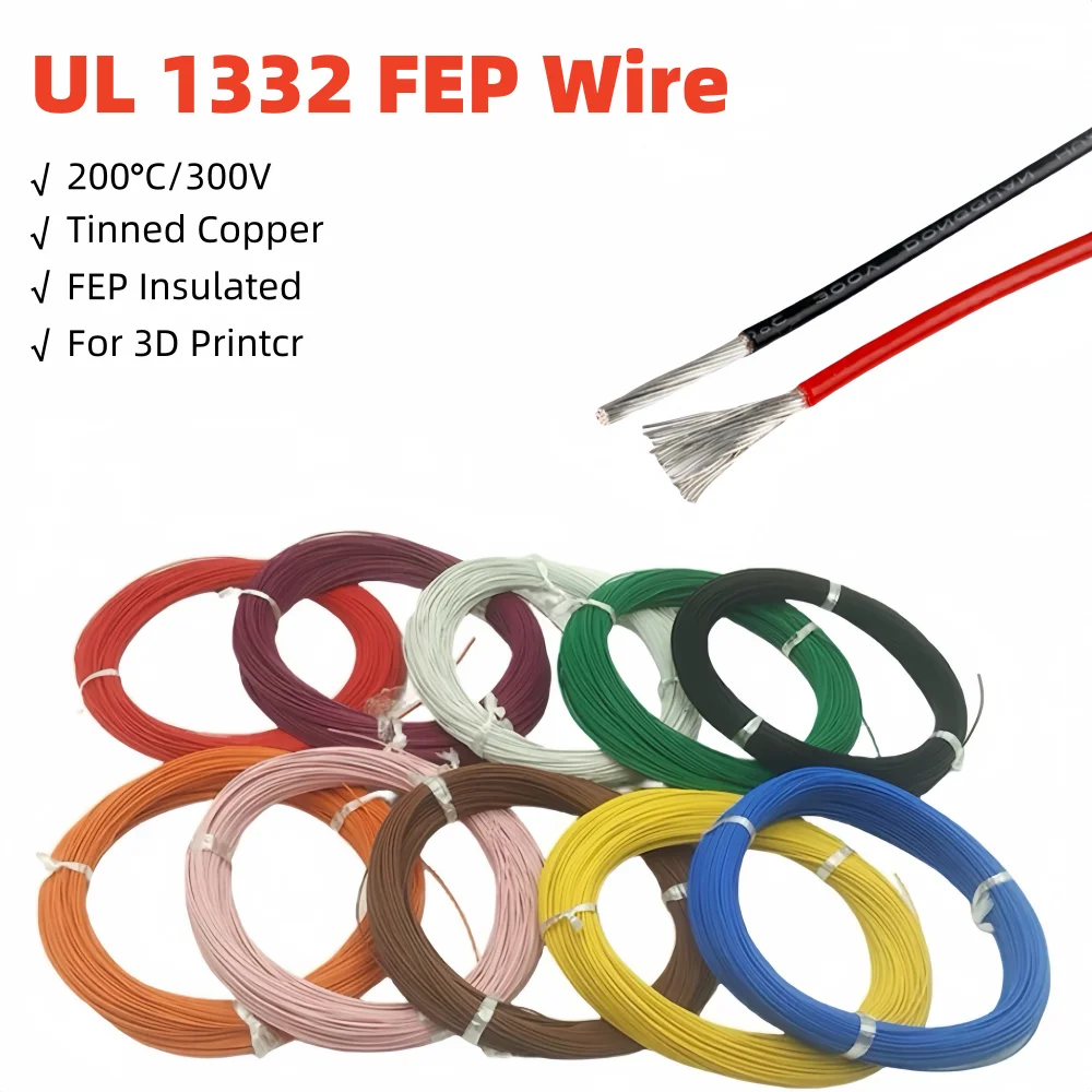 5/10M UL1332  PTFE Wire  Plastic Insulated 30/28/26/24/22/20/18/16/ 10AWG FEP For 3D Printer High Temperature Electron Cable