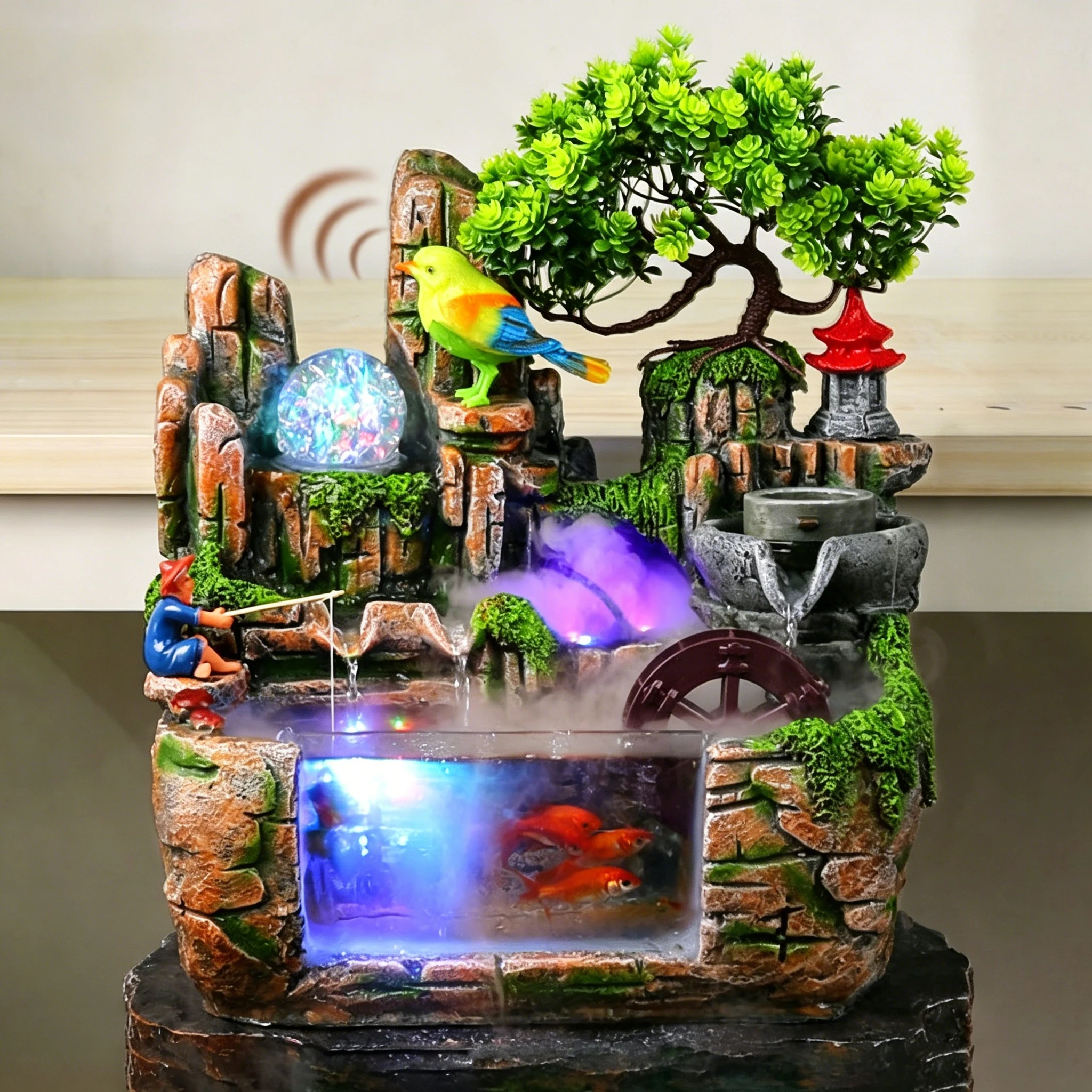

Simulated landscape ornaments fish tank fountain waterfall restaurant decorations Spray with LED light rockery fish tank