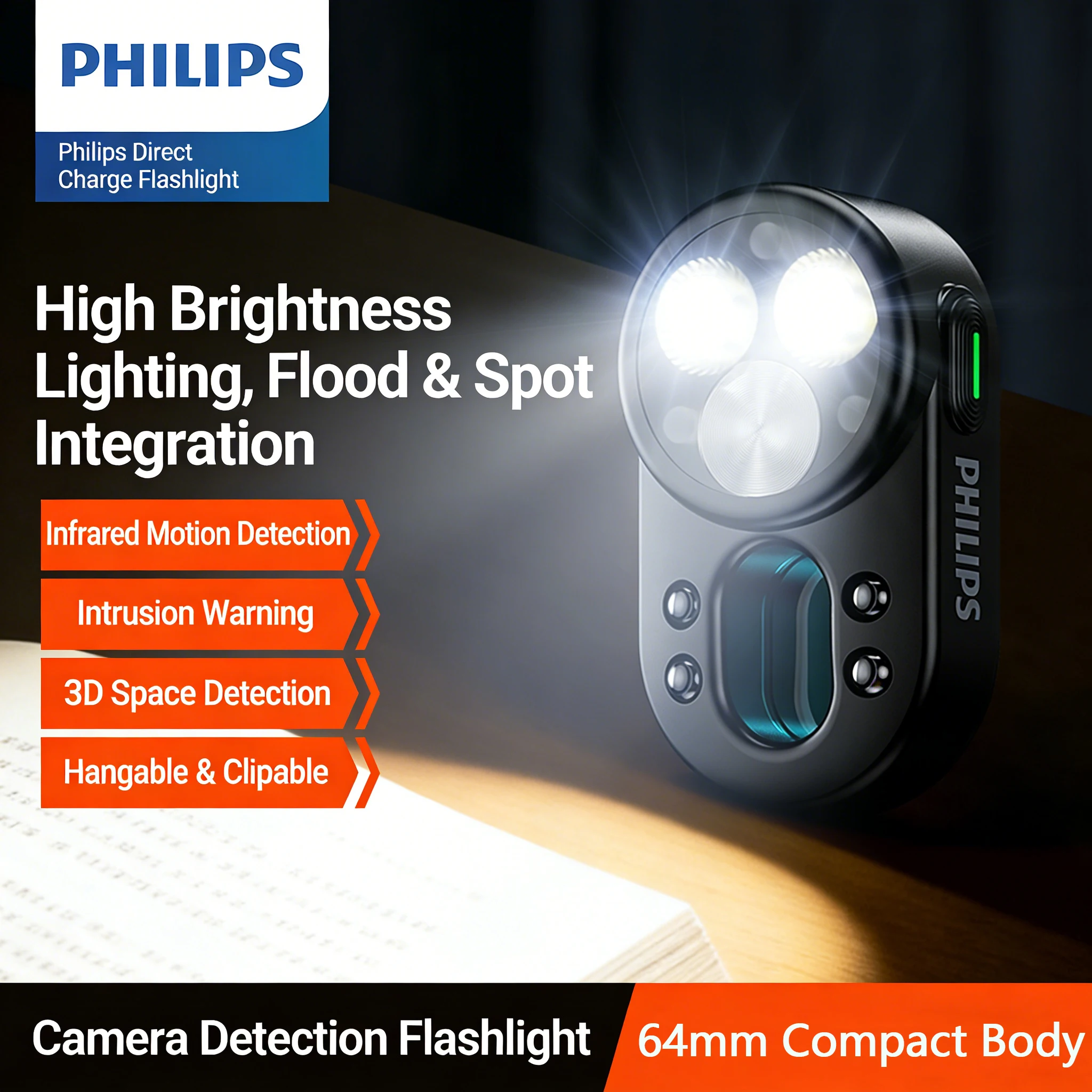 Philips SFL1551 Multi-Functional Compact Portable Flashlight with Backpack Hanging And Pocket Clip Features for Outdoor Reading