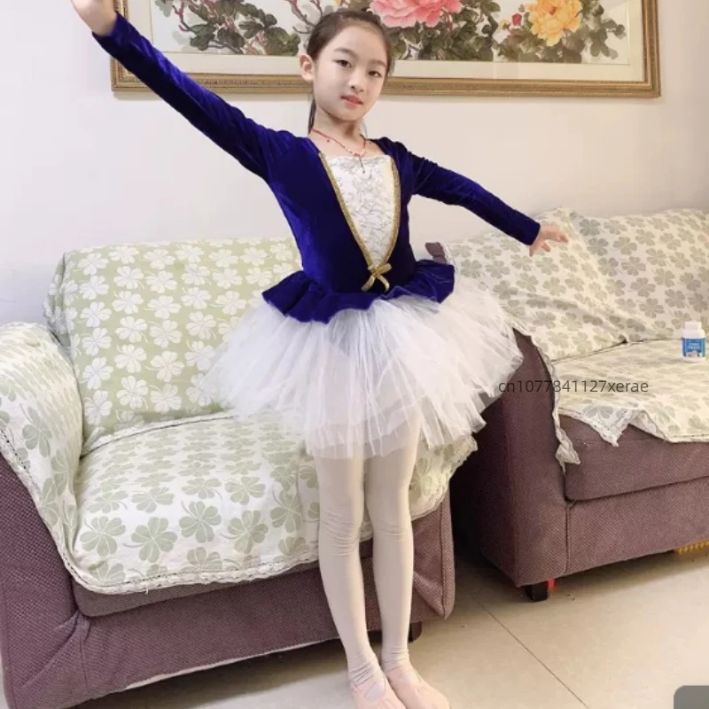 Children's Ballet Dance Costume, Girls' Gold Velvet One-piece Fluffy Skirt, Long Sleeved Ballet Dance Practice Costume