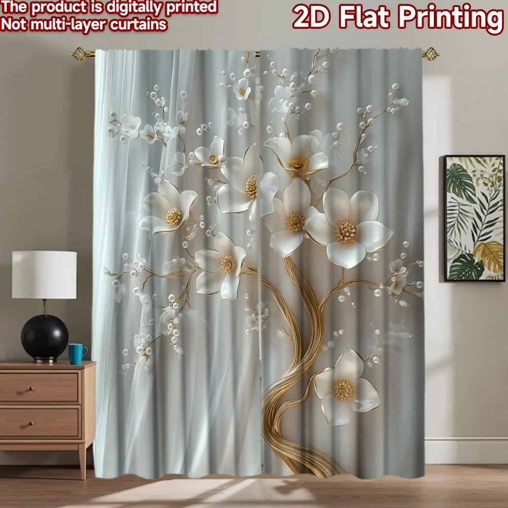 2D flat 2pcs Curtain Home Short Curtains White Gold Blossom Branches Digitally printed polyester, colorfast Festive Wall Decor