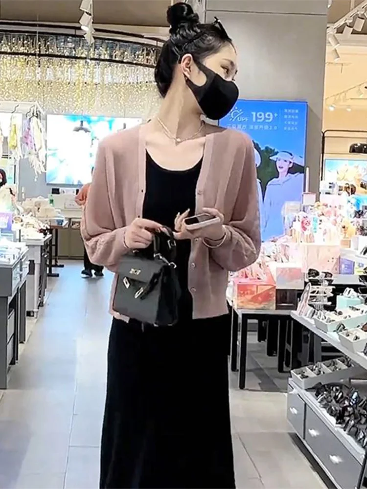 Women's Knitted Open Cardigan Jacket Ice Silk Thin Style Summer Fashion Outerwear with Strap Dress Top Loose Fit Zipper Design