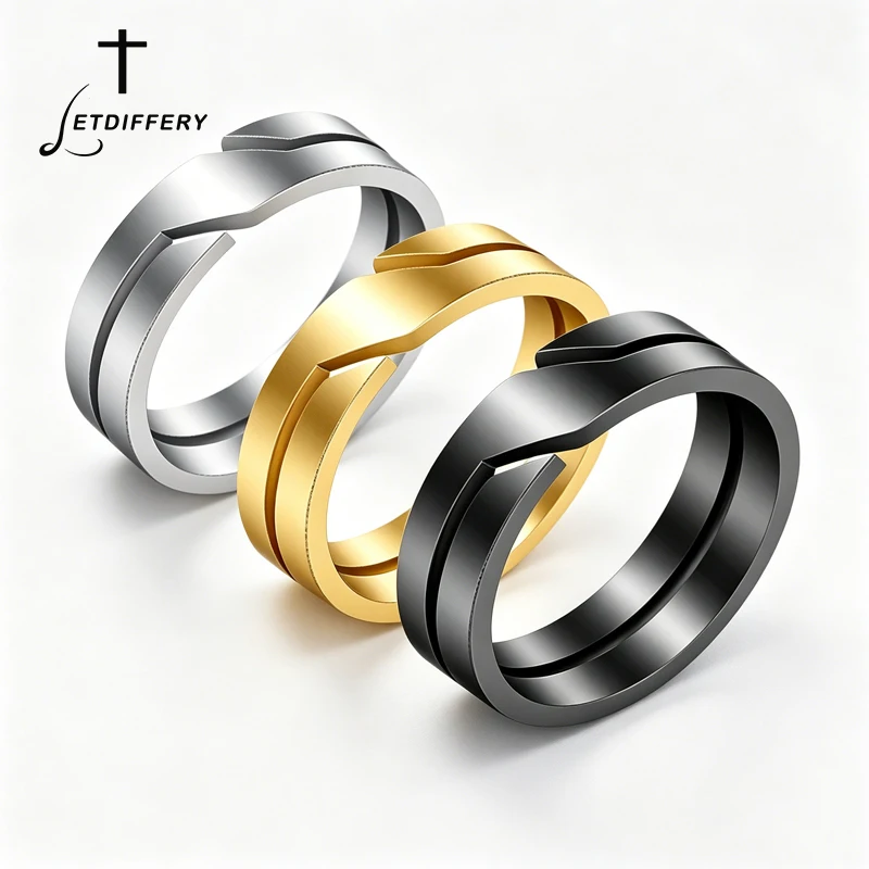Letdiffery Minimalist Hollow Couple Rings for Men Women Stainless Steel Geometric Punk Ring Engagement Anniversary Party Jewelry