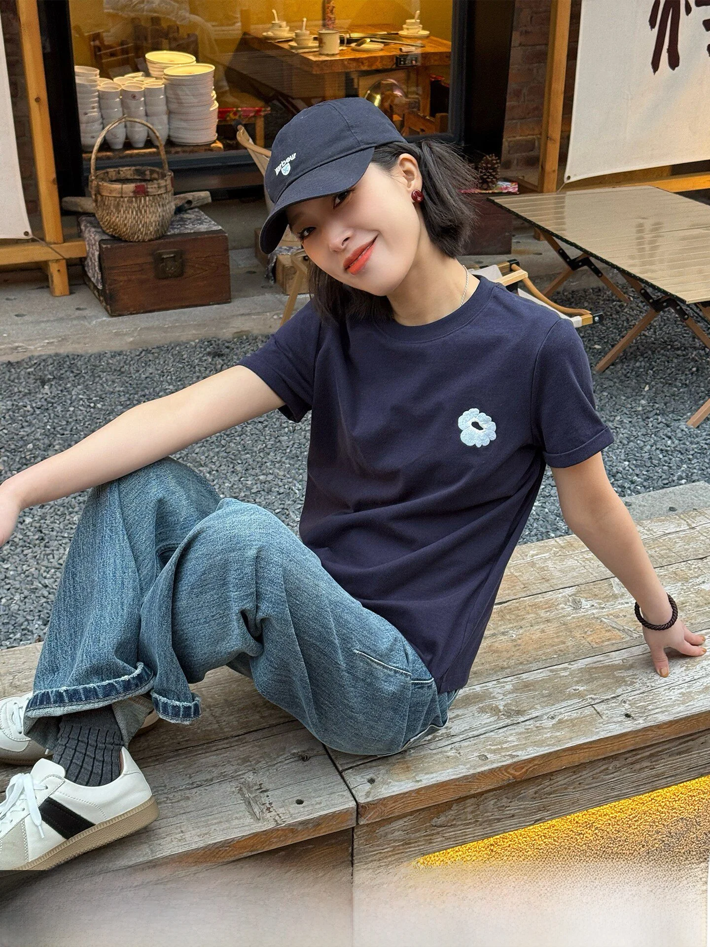 

Женская футболка из чистого хлопка с круглым вырезом и вышивкой Beibei, синяя, весна-лето, новая повседневная хлопковая модель