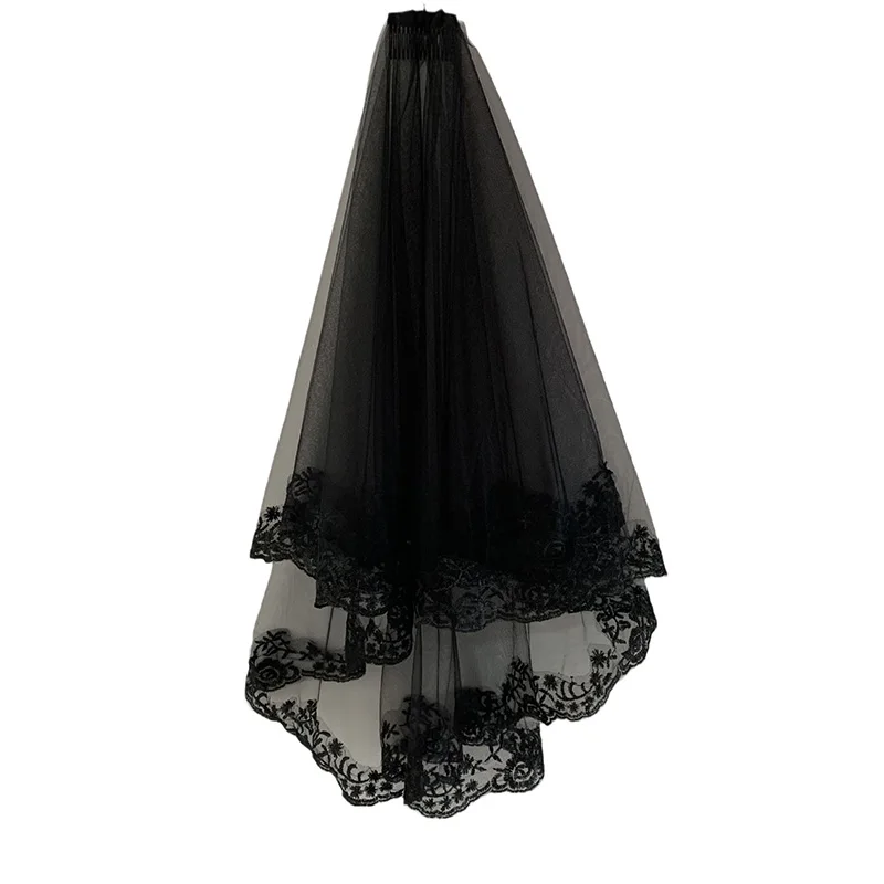 Voile créatif en dentelle noire avec peigne, voile d'Halloween, mariage cathédrale