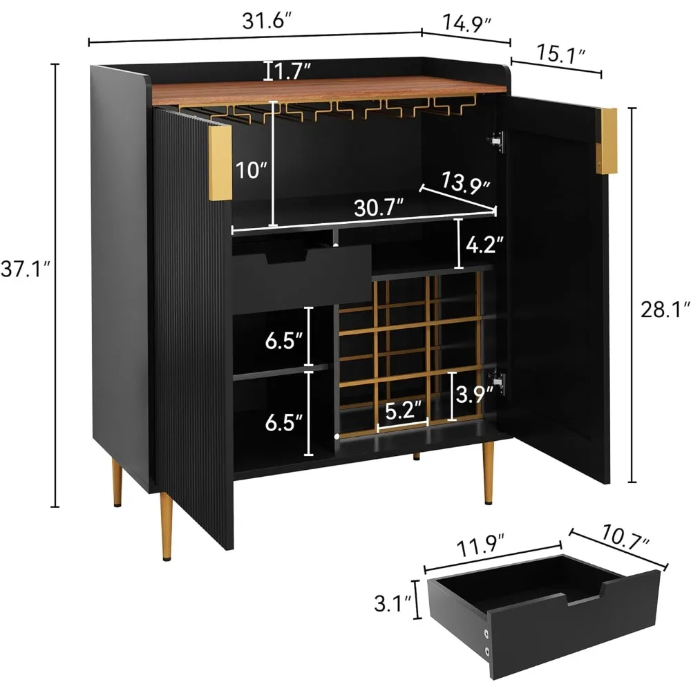 Mobile Bar, mobile buffet con pannello laterale con struttura scanalata, con portabottiglie e cassetti, cucina e ristorante, mobile bar