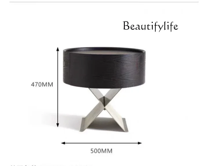 W Comodino minimalista italiano Armadietto portaoggetti di design in acciaio inossidabile Comodino rotondo in legno massello di fascia alta per camera da letto principale