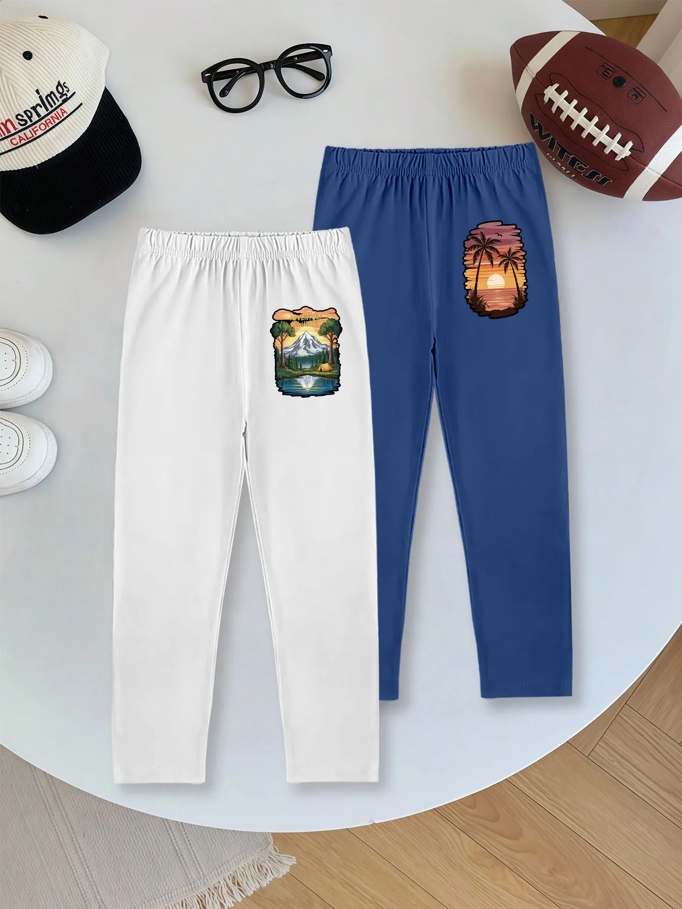 

2 шт.: Повседневные леггинсы для мальчиков с принтом «Горы и закат» для осени