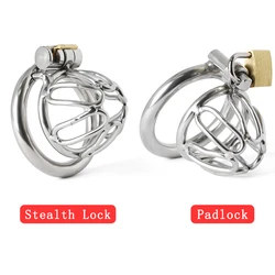 Jaula pequeña de Metal para pene, dispositivo de castidad de acero inoxidable, candado Bloqueable, anillo de bloqueo para pene, juguete sexual para hombres, Bondage erótico BDSM