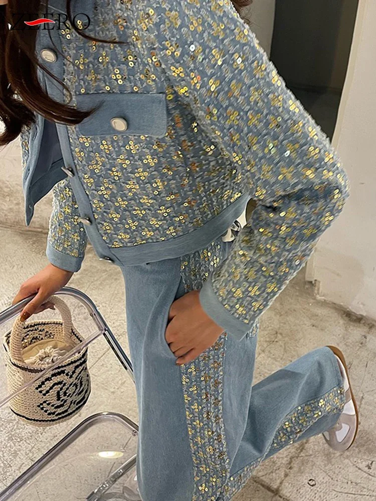 Korean Pant Set Shiny Sequins Jean Coat Women Vintage Frayed Denim Jackets + Patchwork Wide Leg Pant 2 Piece Sets Womens Outfits