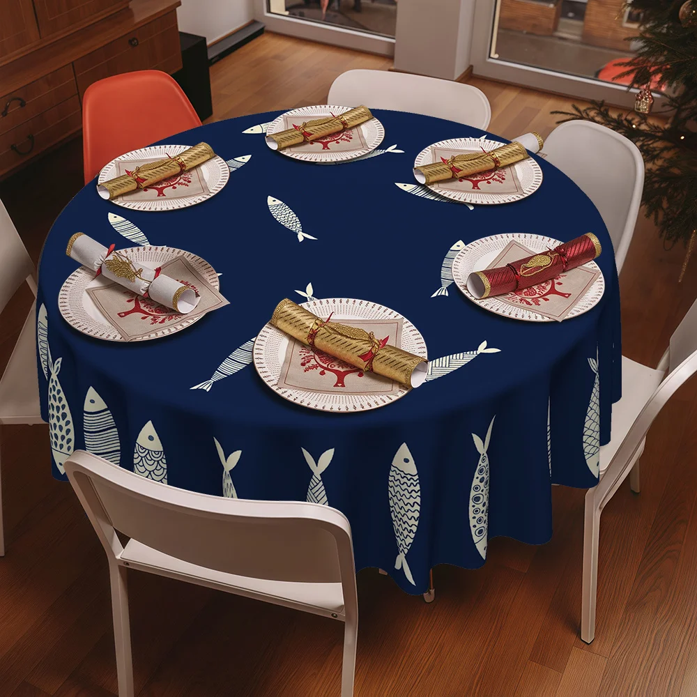 JIT, 1pc modern seaside style small fish print kitchen/dining round tablecloth, 120g/㎡ twill polyester material.zyc