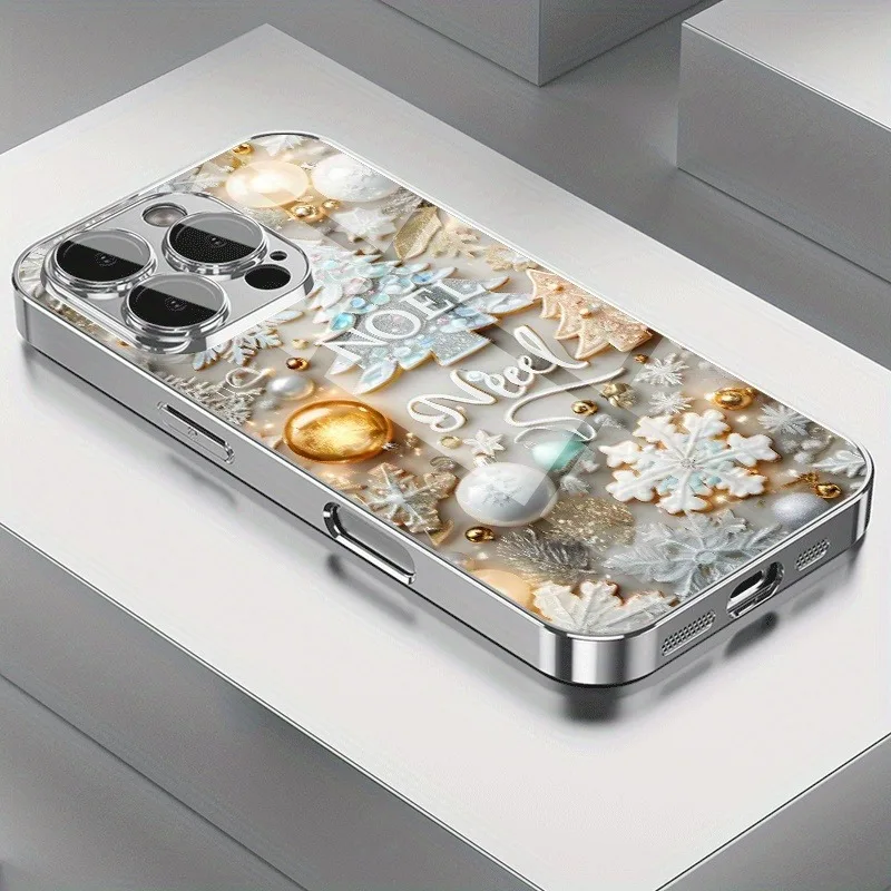 

Christmas Elements Print Electroplated Tempered Glass Phone Case For iPhone 11 12 13 14 15 16 17 Pro Max Plus 16E 17 Air Cover