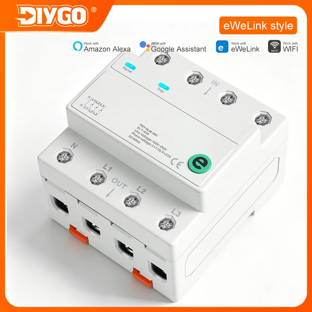eWeLink WiFi Smart Circuit Breaker Rail Type 4P 3 Phase 4 Wire Remote Voice Control Countdown Timer Air Switch Relay Last Status