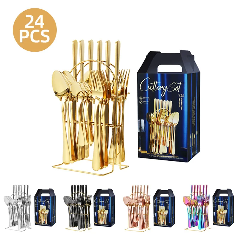 

24pcs/Set for 6 People Stainless Steel Cutlery Set with Holder & Gift Box Perfect Tableware Set