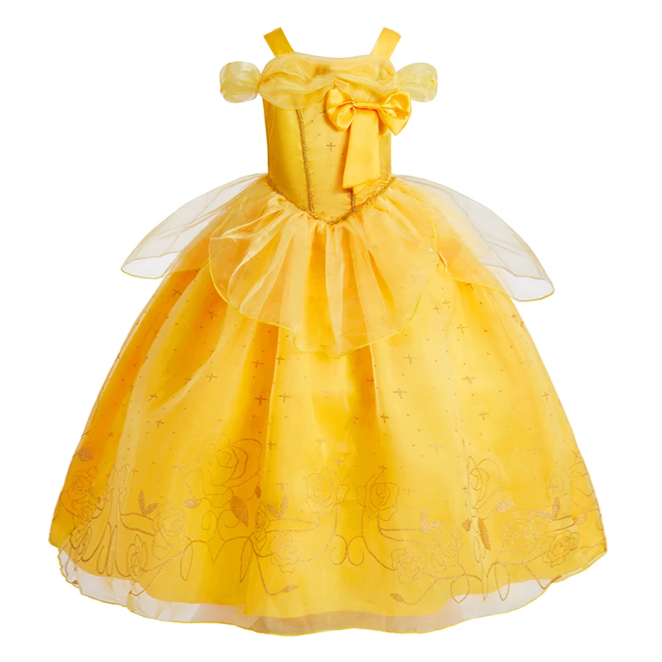 Carnival Pageant Ready Golden Bow-Accent Princess Dress with Flower Appliques Glittering Details Voluminous Tulle Gown for Girls