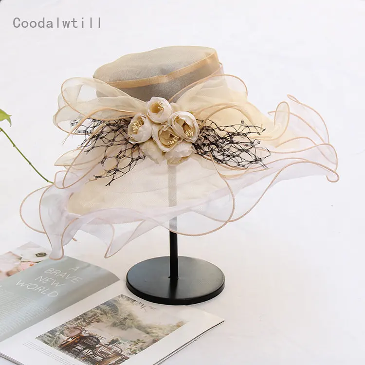 Women Summer Wide Brim Church Organza Sun Hat Flower Wedding Fascinator New Elegant Large Ladies Fedoras Femme Beach Hats