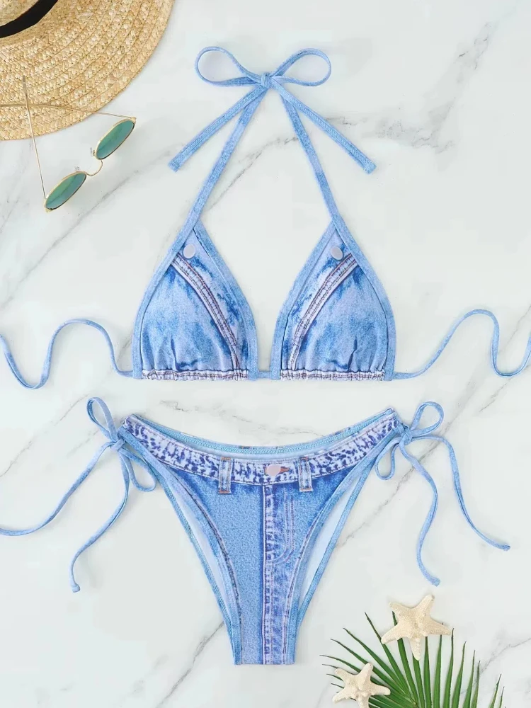 Stringi bikini 2024 kobiety seksowny trójkątny strój kąpielowy niebieskie dżinsowe stroje kąpielowe kobiece wyściełane kąpiących się pływanie strój