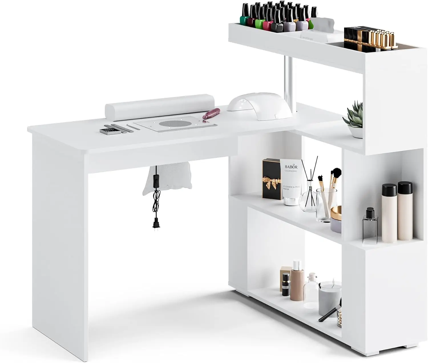 L Shaped Nail Technician Desk Manicure Table Dust Collector Reversible Rotating Shelf Acetone Resistant Beauty Salon Storage Sta