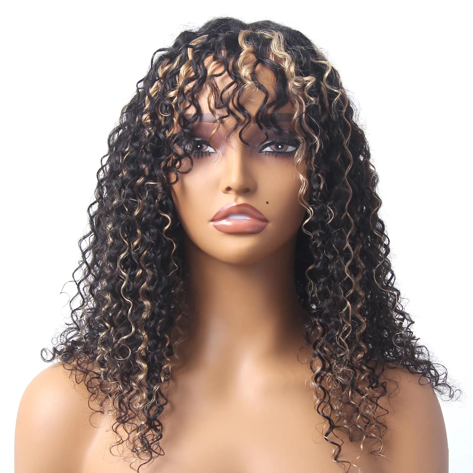 Highlight Ombre Curly Wig Human Hair with Bangs, 18 Inch Deep Wave Honey Blonde Wigs for Black Woman