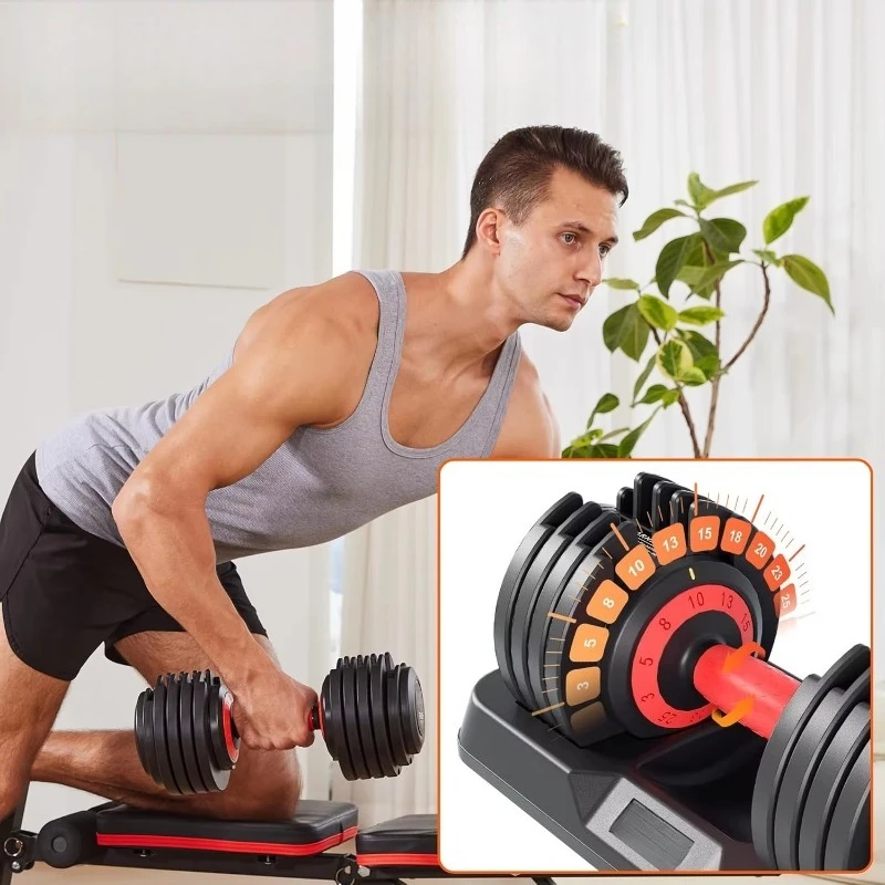 Adjustable Cast Iron Dumbbell Set  Safe Locking System Enclosed Storage Tray 1-Second Fast Adjustment