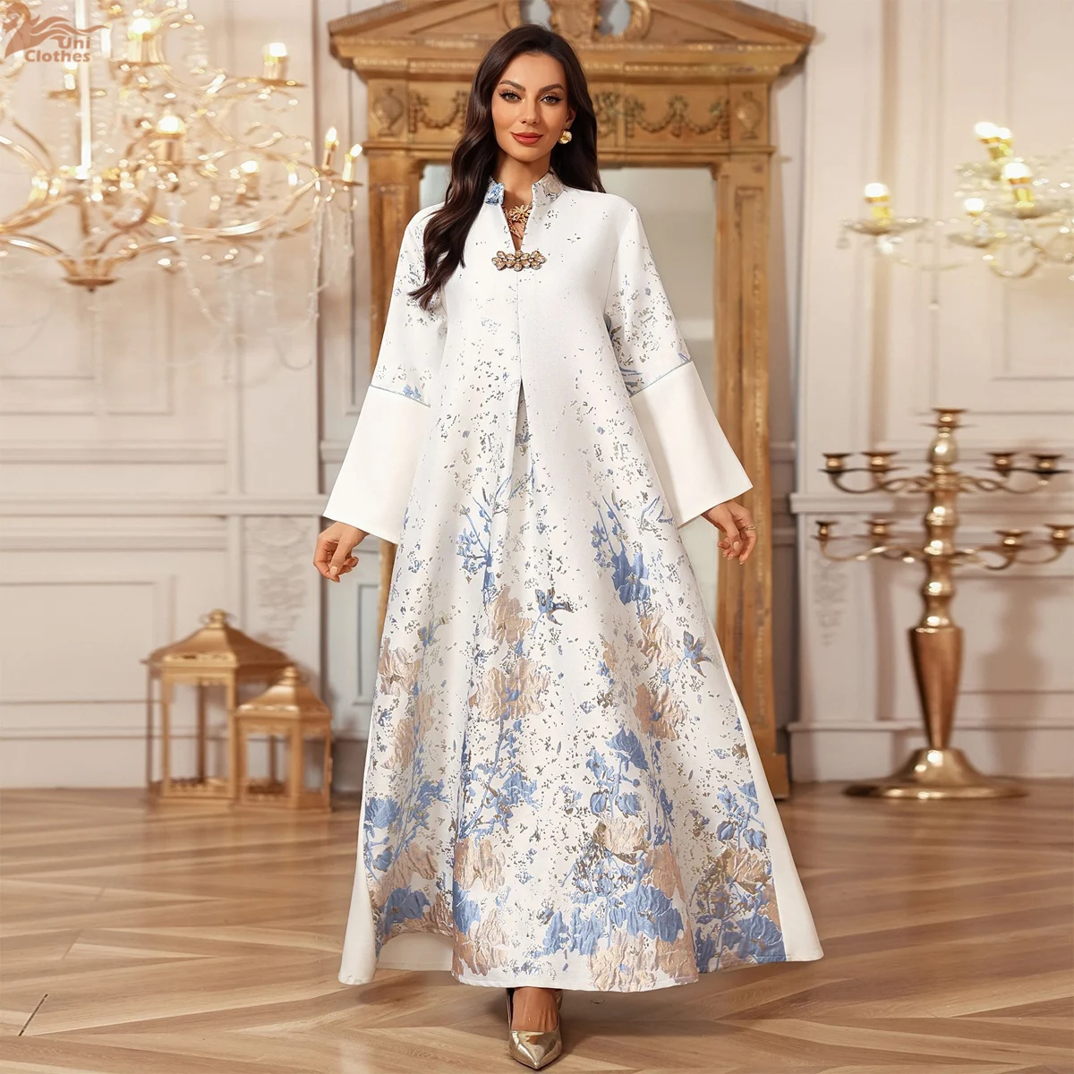 

Мусульманское модное платье Uni 2026, элегантное жаккардовое платье Абая для женщин, кафтан с длинным рукавом и v-образным вырезом, Абая, исламская Джалабия