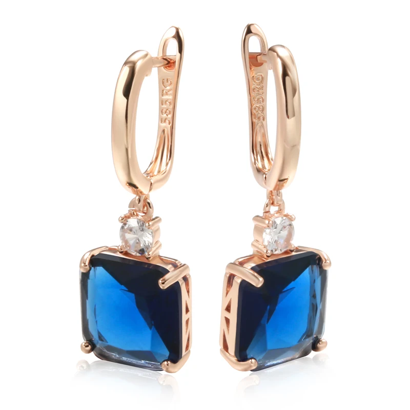 Kinel New Square Dark Blue Long Dangle Earrings for Women 585 Rose Gold Color Natural Zircon Wedding Earrings Daily Jewelry