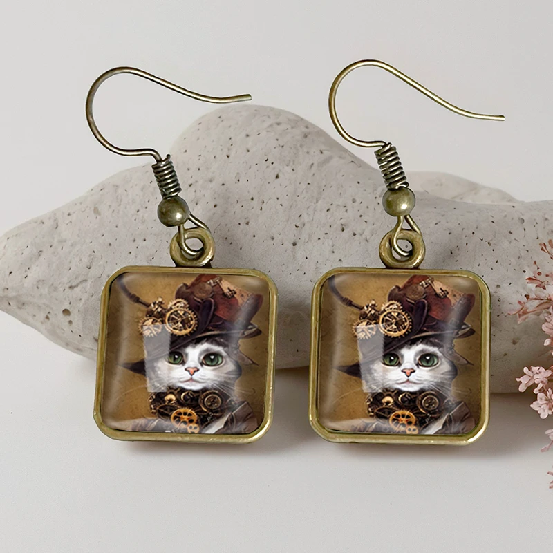 2025 New Steampunk Gothic Cat Square Earring Retro Glass Dangle Earrings Handmade Jewelry Gift