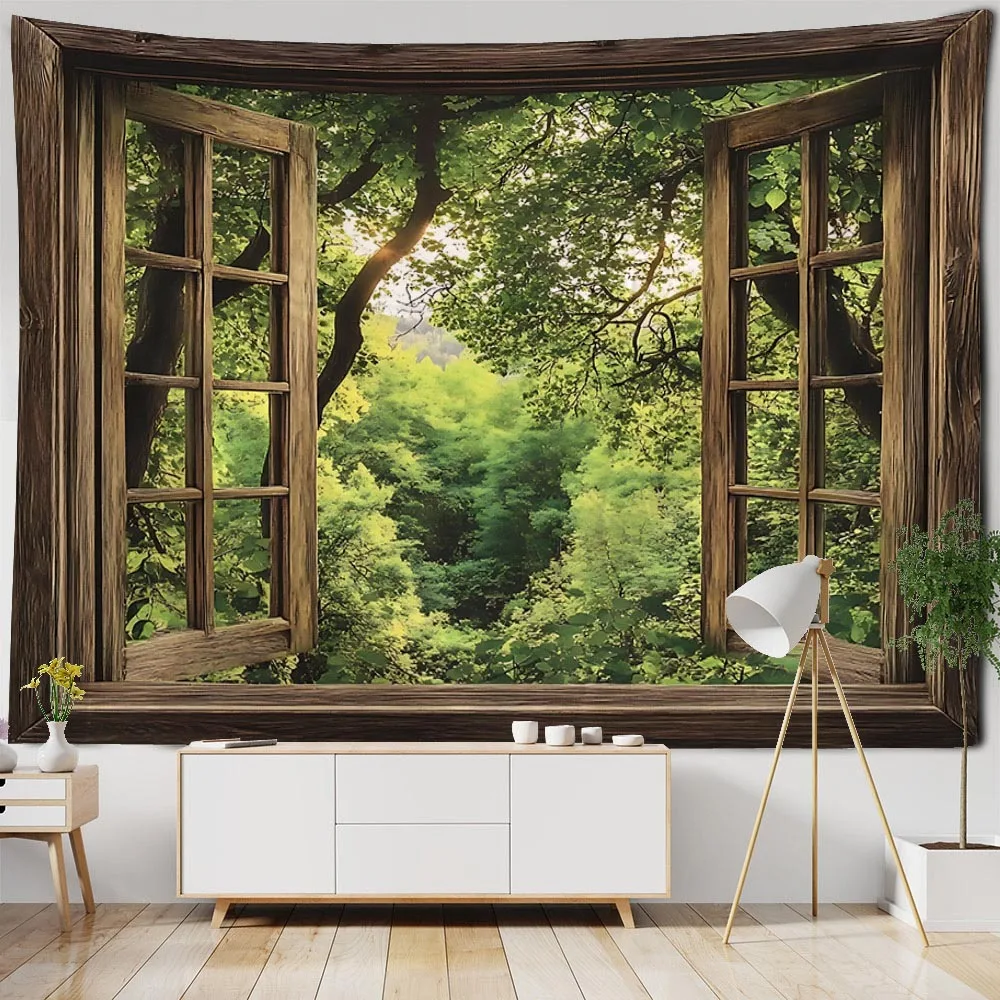 Imitation Window Landscape Tapestry Wall Hanging Bohemian Hippie Home Background Cloth Living Room Bedroom Dormitory Decoration