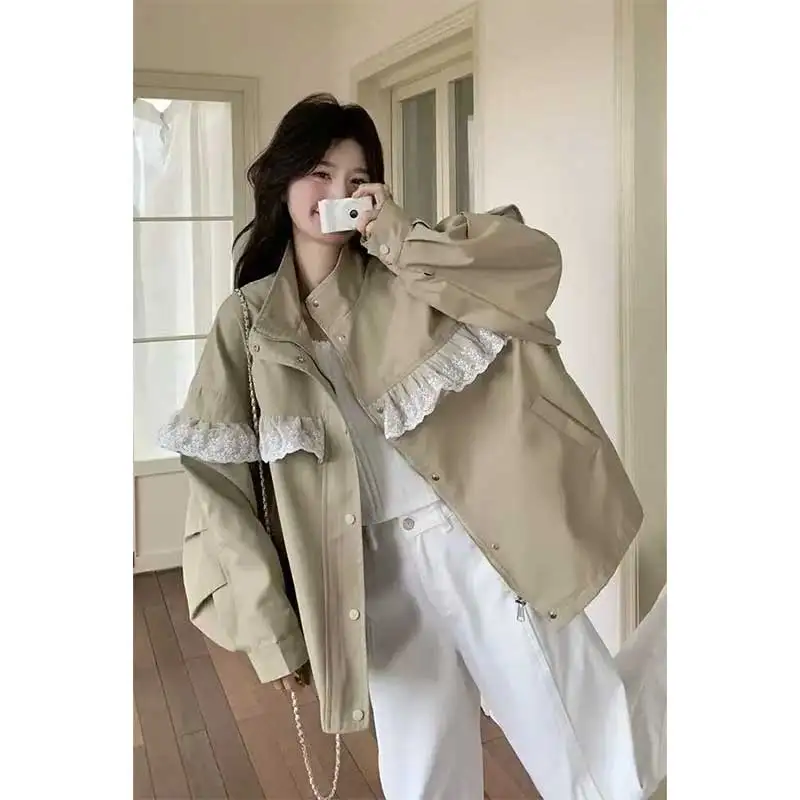 

Women Clothes Spring Autumn Fashion Casual Zipper Lace Lace Stand-up Collar Cardigan Female Temperament Long Sleeve Loose Coat