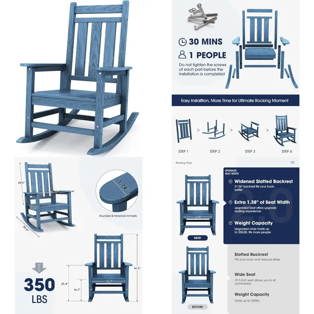 All-Weather HDPE Outdoor Patio Rocking Chairs with High Back for Porch, Durable Oversized Rockers for Comfortable Seating