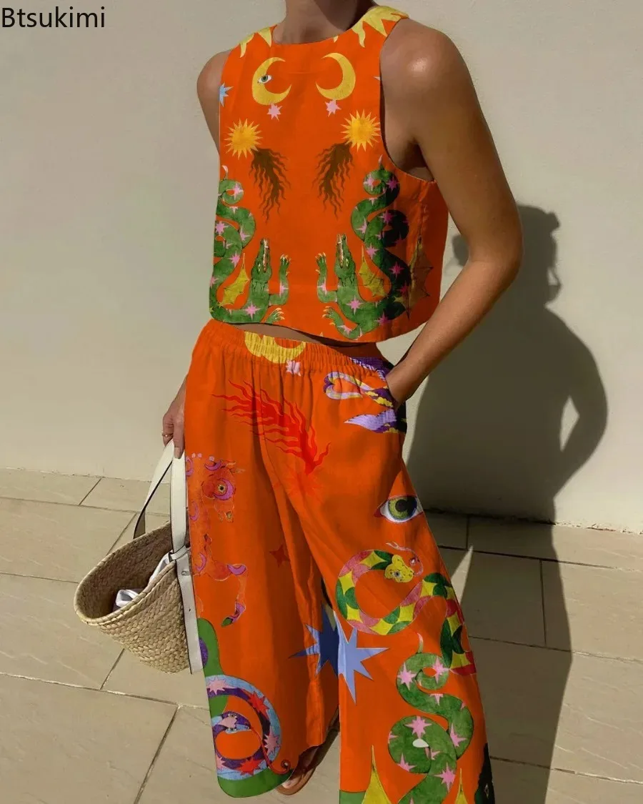 New 2024 Women's Casual 2PCS Suits Sets Cartoon Print Summer Sleeveless Sets Female Vintage Shirts Top& Drawstring Pants Outfits