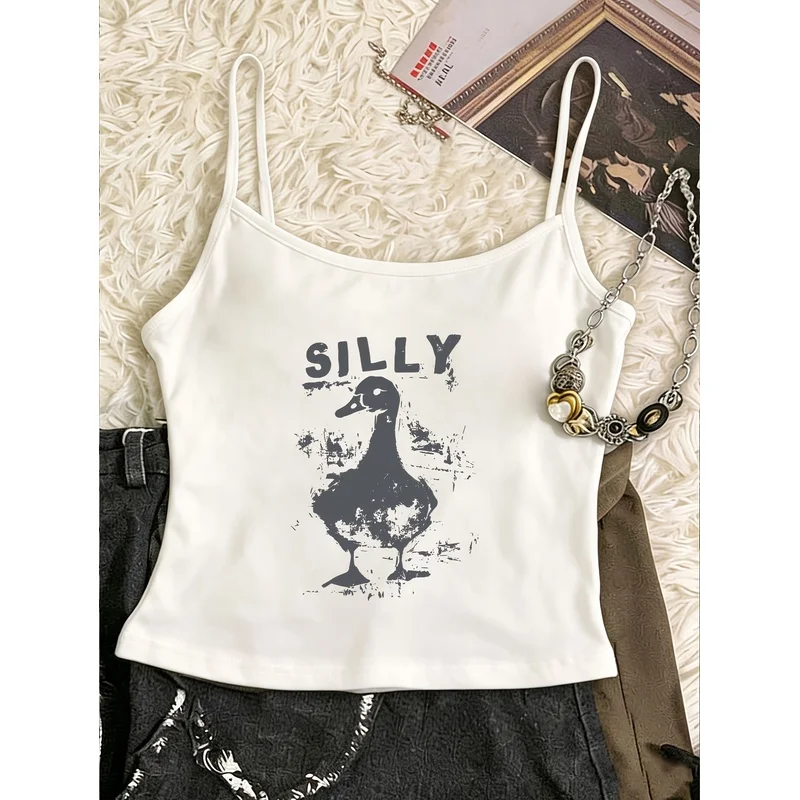 Retro Distressed Silly Duck Print Women Cami Top Y2K Sleeveless Slim Fit Black Crop Spaghetti Strap Tank Vest