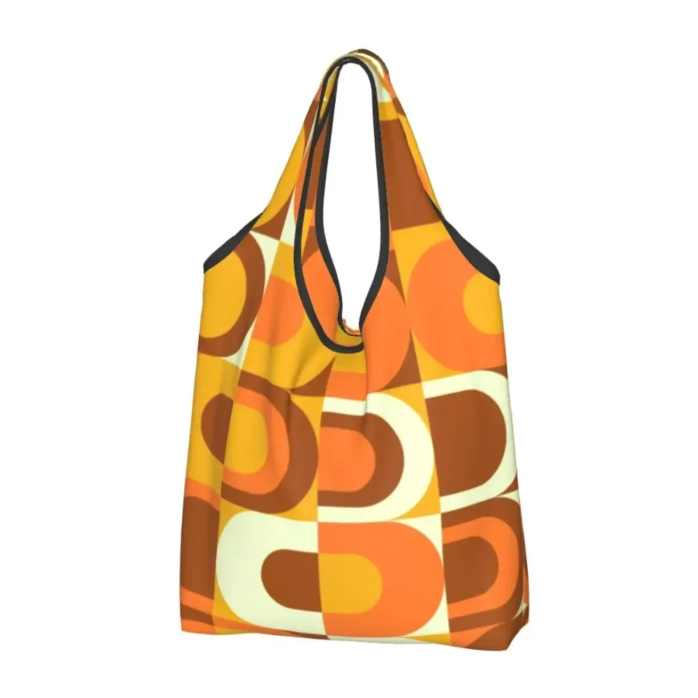70s Pattern Retro Inustrial In Orange And Brown Tones Shopping Bags Portable Large Groceries Geometric Colorful Tote Bags