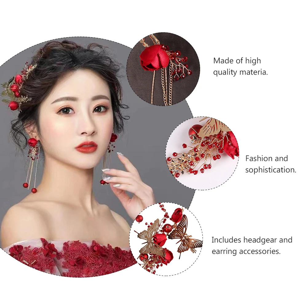 

Golden Butterfly Clip Bridal Headdress Dress Up Bridal Set Earring Set Wedding Dress Accessories Red Headwear