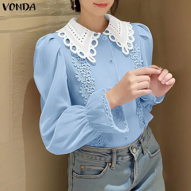 

VONDA Elegant Office Lady Shirts Women Long Sleeve Lace Blouse 2026 Fashion Buttons Casual Loose Tunic Peter Pan Collar Tops