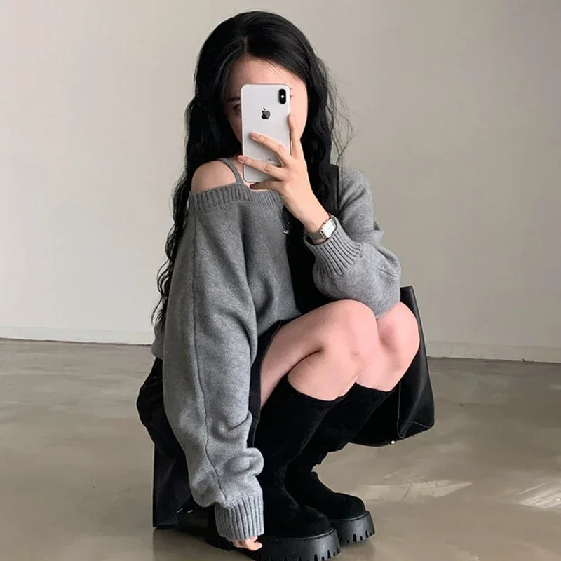 Korean Series Off-the-Shoulder Knit Sweater for Women Loose All-Match, Long Sleeve Sneaky Design Sloping Shoulder Short Base Top